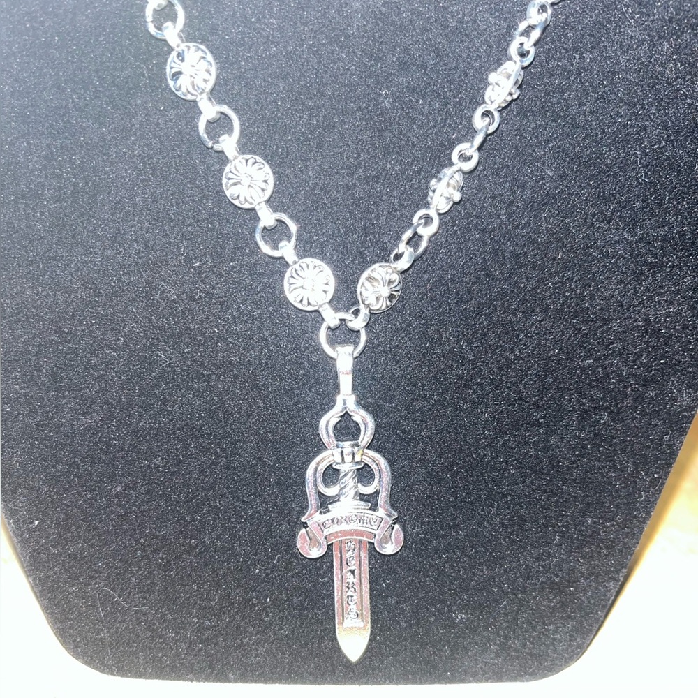 Chrome Hearts Silver Cross Ball Chain W/ Dagger Pendant & Toggle Clasp Closure